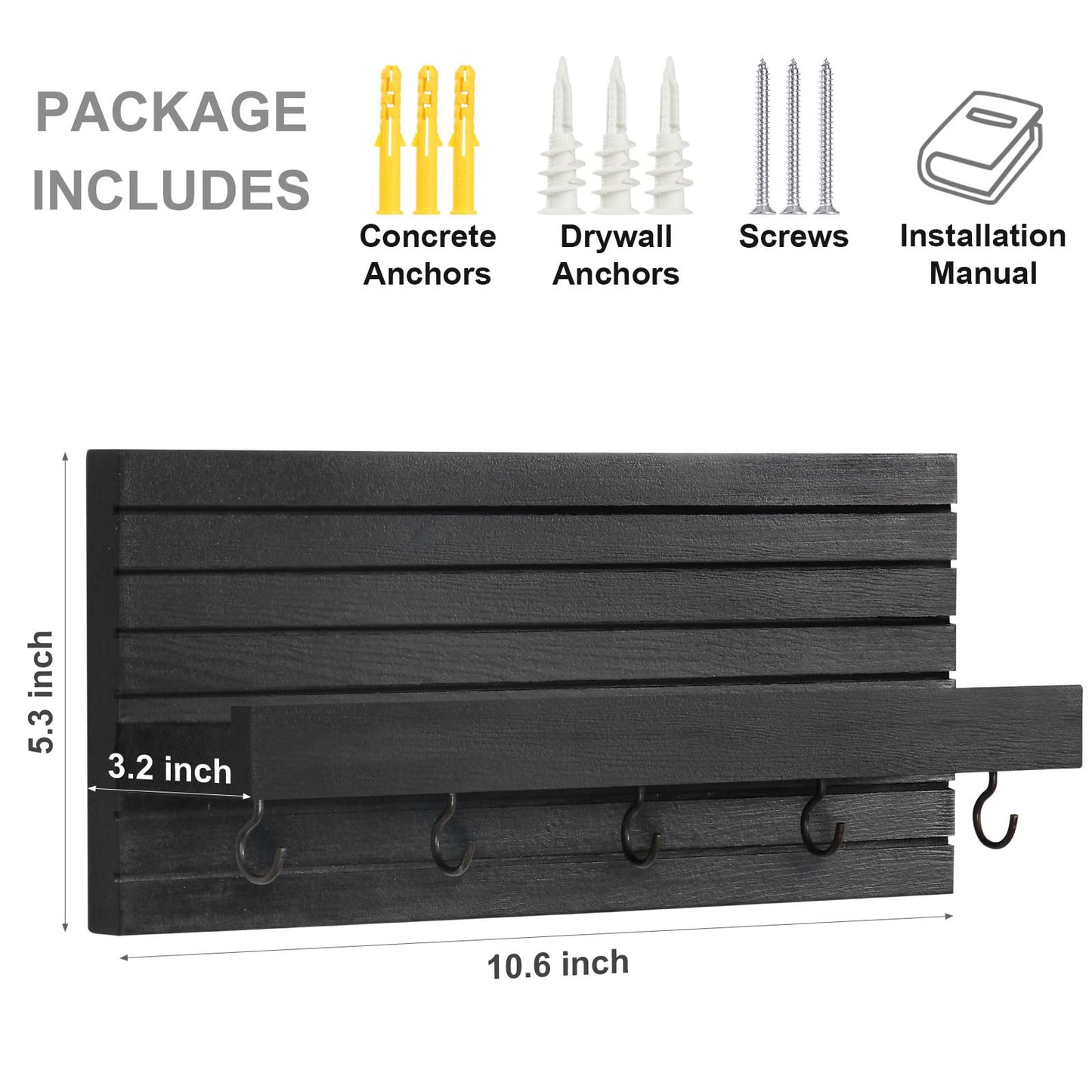 Lwenki Decorative Key Holder for Wall with Shelf, Entryway Shelf with Hooks Holds Leashes, Jackets and Glasses – Sturdy Wood Keyholder Entrance Hanger with Mounting Hardware (Black)