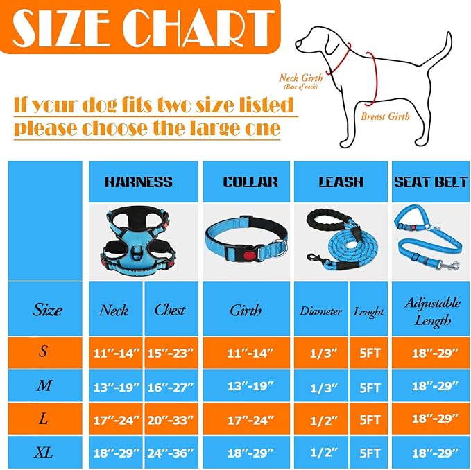 LOBEVE No Pull Dog Harness, Collar & Leash Set with Retractable Dog Seat Belt, Collapsible Dog Bowls and Poop Bag Dispenser - Ideal for Training, Walking, Hiking - Fits Small to Large Dogs(Blue-M)