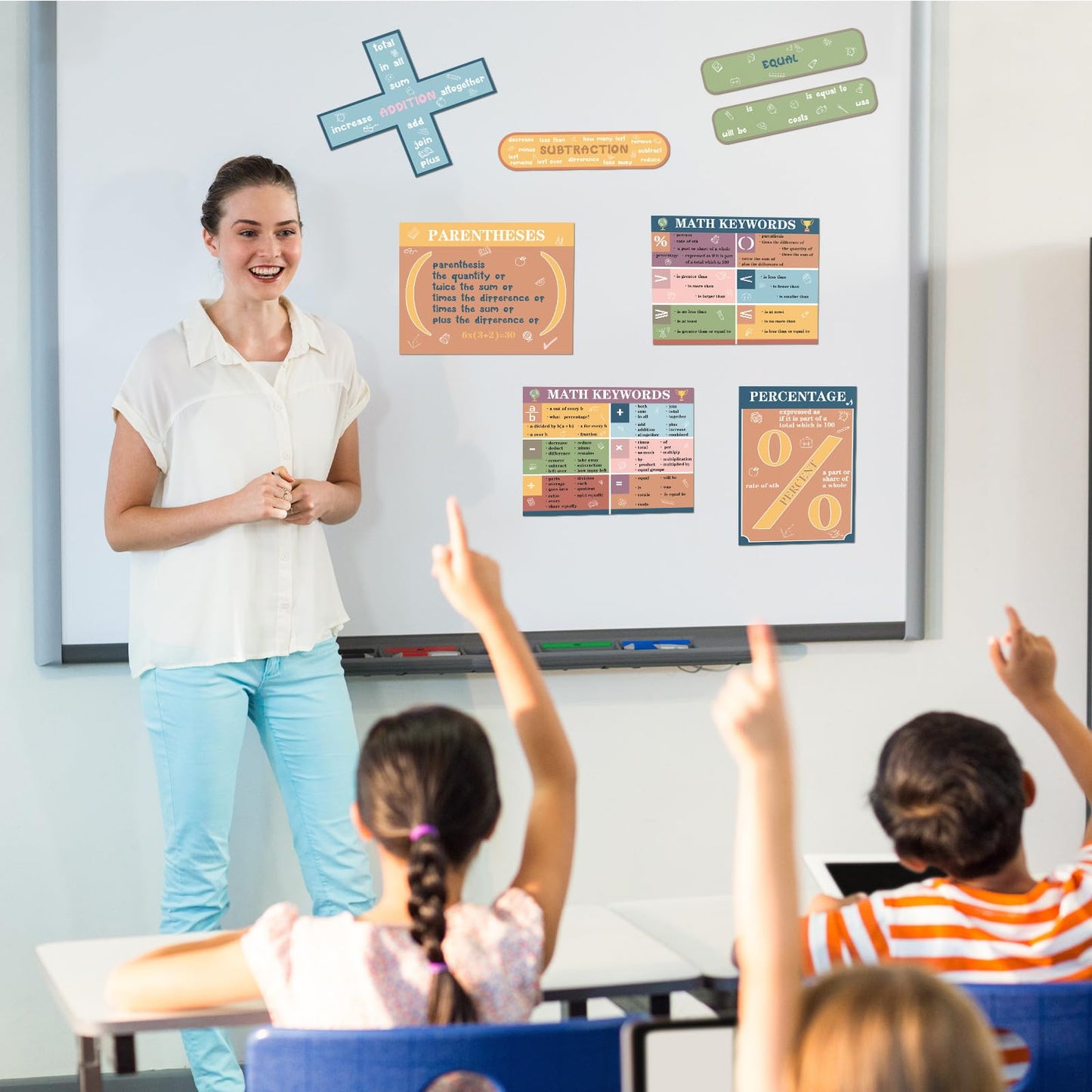 Geyoga 15 Pcs Educational Math Posters Set for Elementary Classroom Symbol Keywords Vocabulary Addition Subtraction Multiplication Division Poster for Middle School Homeschool Supplies(Bright)
