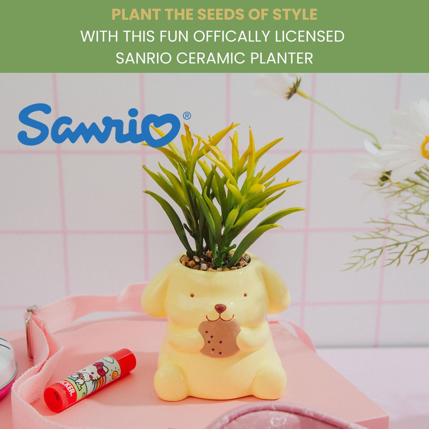 Toynk Sanrio Pompompurin 3-Inch Sculpted Ceramic Mini Planter with Artificial Succulent | Cute Flower Pot, Faux Indoor Plants