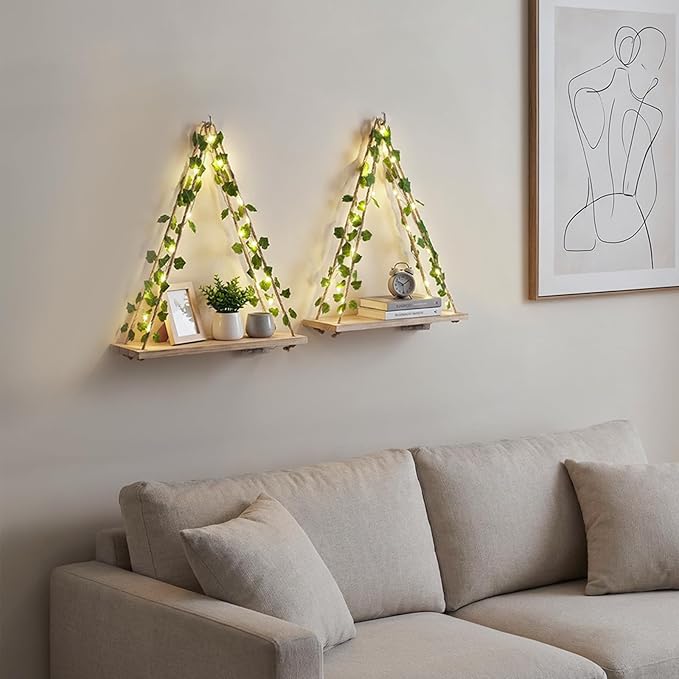 RICHER HOUSE Artificial Ivy LED-Strip Wall Hanging Shelves, Macrame Shelf