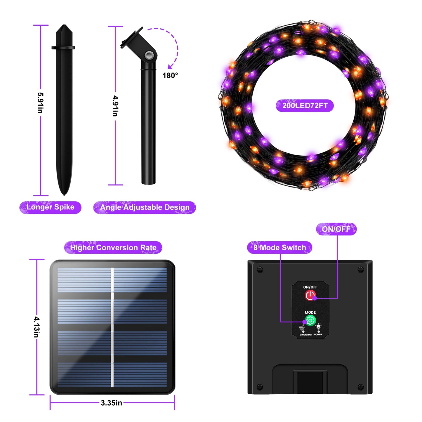 Selarlyt 4-Pack 400LED Solar Halloween Lights，Orange& Purple String Lights，Solar Fairy Lights with 8 Modes， Halloween Lights Outdoor Waterproof for Bedroom Patio Garden Party Yard Decoration