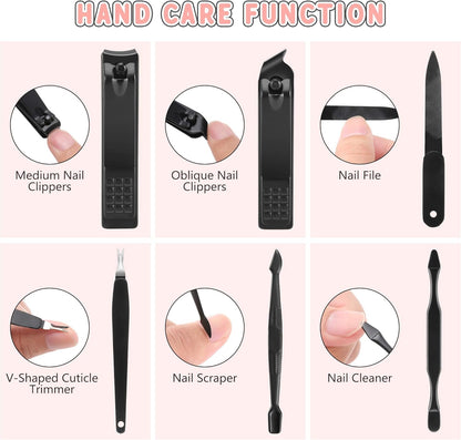 Manicure Set, Jubolion 19pcs Stainless Steel Professional Nail Clippers Pedicure Set with Black Leather Storage Case, Portable Grooming Kit for Travel or Home, Perfect Gifts Women and Men (Black)