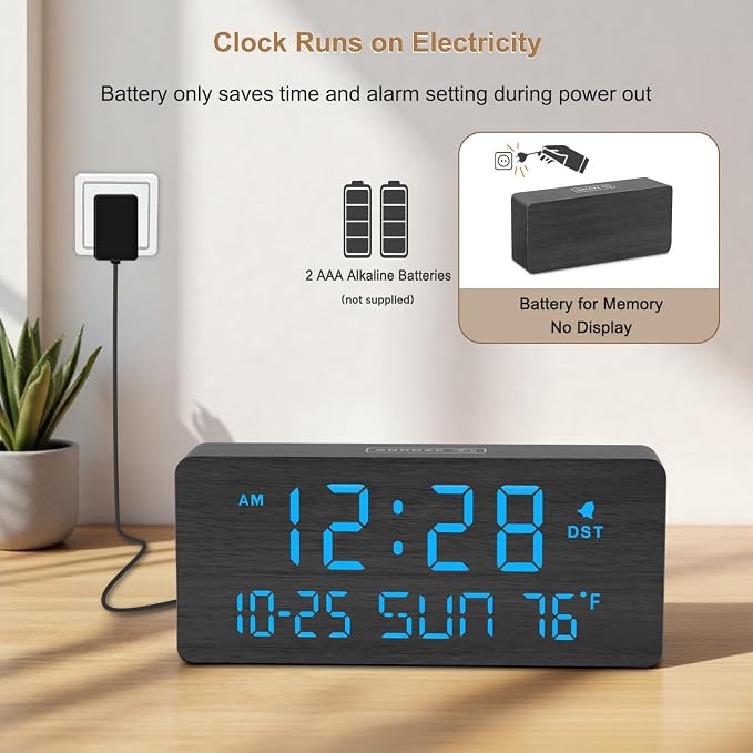 DreamSky Wooden Digital Alarm Clocks for Bedrooms with Date & Day of Week | Living Room Desk Clock, Temperature, USB Port, Dimmer Wheel, Adjustable Volume, Auto DST, Office Wood Decor (Plug-in)