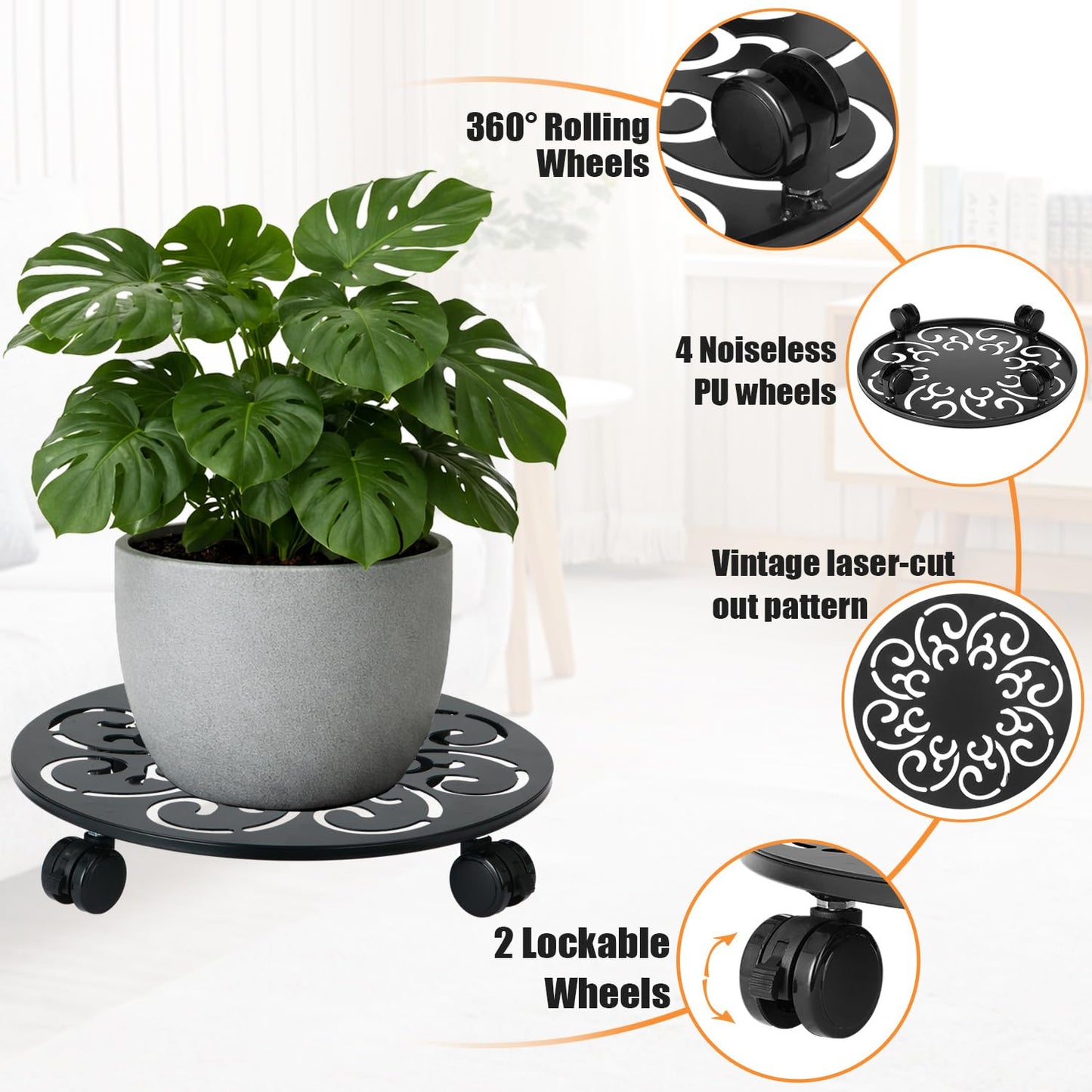 4-Pack 12 Inch Metal Plant Caddy with Wheels Large Heavy-duty Rolling Plant Stands Wheeled Planter Dolly Flower Pot Mover Rollers Rust-proof Garden Coasters Trolley for Indoor Outdoor Use