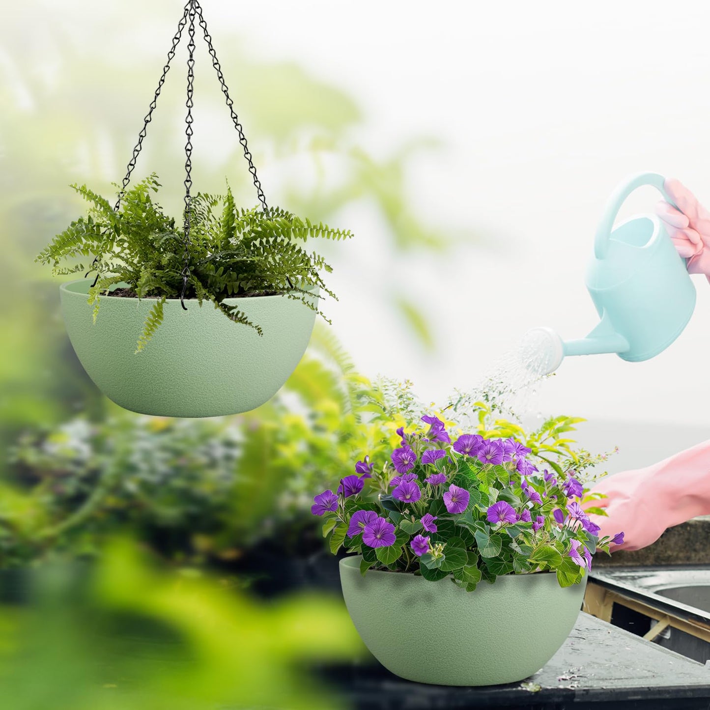 WSMKSZ 10 inch Hanging Planters for Outdoor Indoor Plants with Drainage Holes and Chain, 2 Pack Round Hanging Flower Pots for Garden Home Porch Decor,Green
