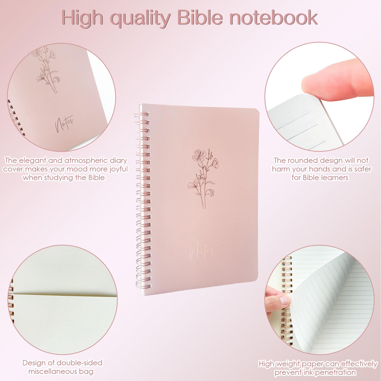 J6&H6 170Pcs Complete Bible Study Supplies Journaling Kit with Tabs, Highlighters and Color Pens, Notebook,Stickers & More Bible Accessories Set for Women, Beginner Christian Gifts(Pink)