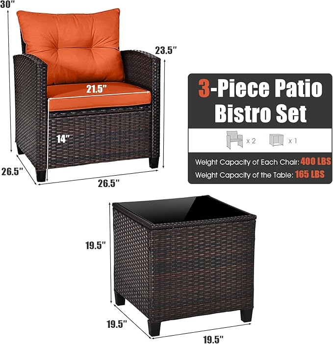 COSTWAY 3PCS Patio Furniture Set, PE Rattan Wicker Sofa w/Washable Cushion and