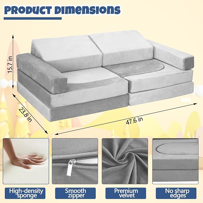 10 Pcs Modular Kids Play Sofa – Versatile Convertible Foam Cushion that Doubles