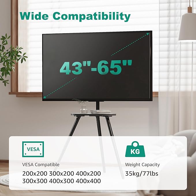 Tripod Easel TV Stand for 43–65 Inch TVs, Height Adjustable Swivel Floor TV