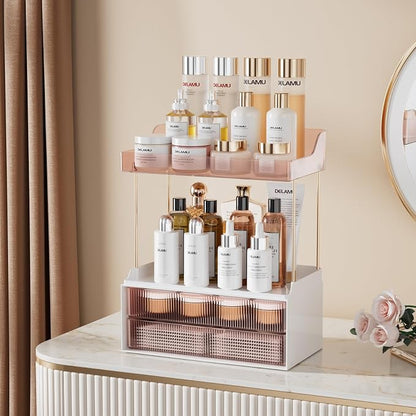 Delamu Bathroom Organizers and Storage, 2 Tier 2 Drawer Makeup Organizer Countertop, Easy to Install, Ideal for Bathroom Counter, Vanity, Ideal Gifts for Women Girls, Grapefruit