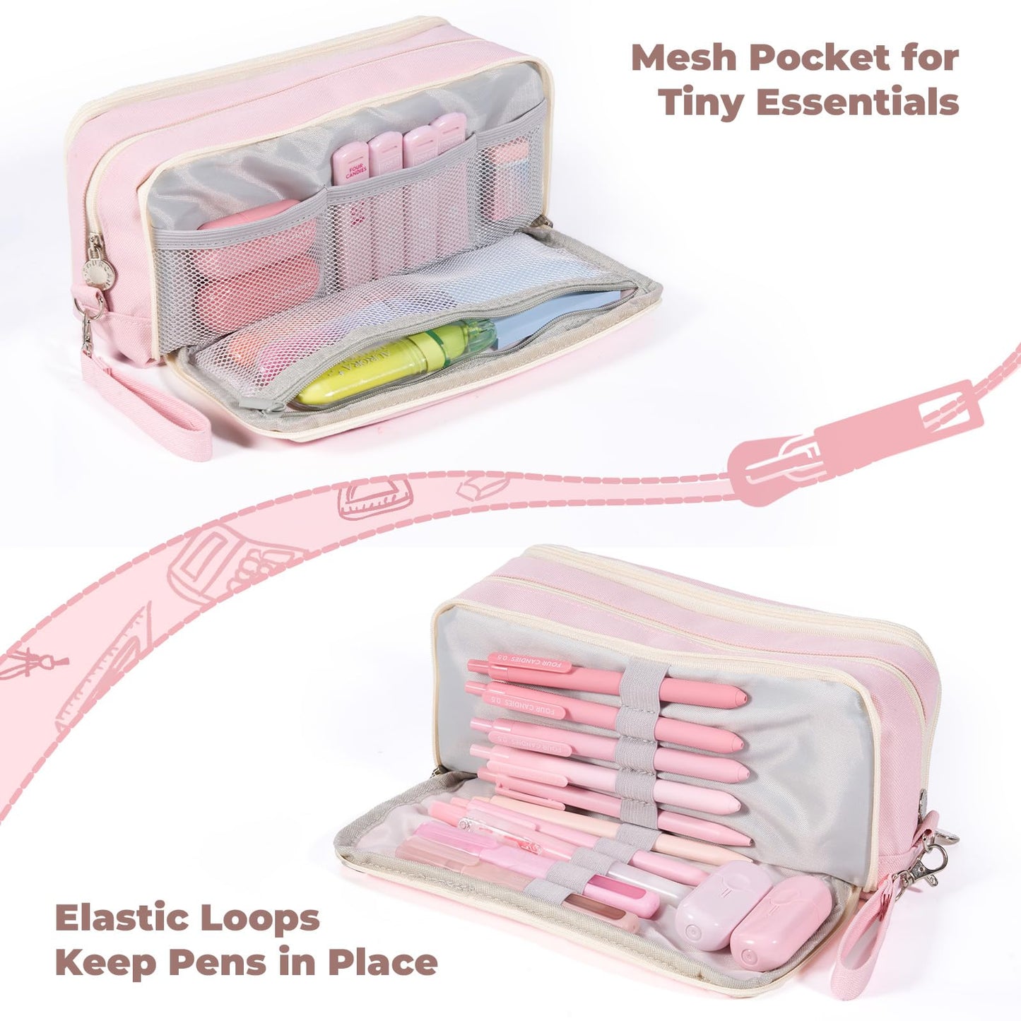 Four Candies Pink Pencil Case 3 Compartment, Large Pencil Pouch with Removable Handle & Zipper, Cute Stationery Organizer Big Pencil Case for Markers, Pencil Bag for Office College, Pink