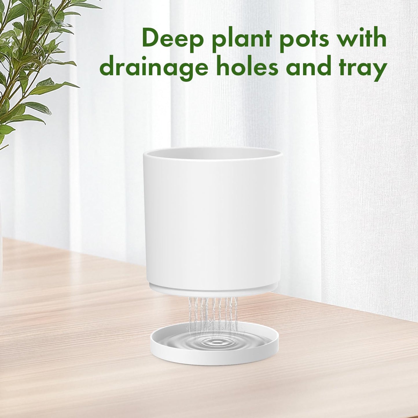 Meowell 8/7/6 inch Plant Pots, Set of 3 Cylinder Flower Pots for Outdoor Indoor Plants, Decorative Plastic Planters with Drainage Holes and Saucers for Garden House Plants, White
