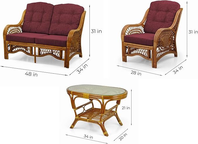 Malibu Lounge Set of 4: 2 Natural Rattan Wicker Chairs, Three-Seater Sofa