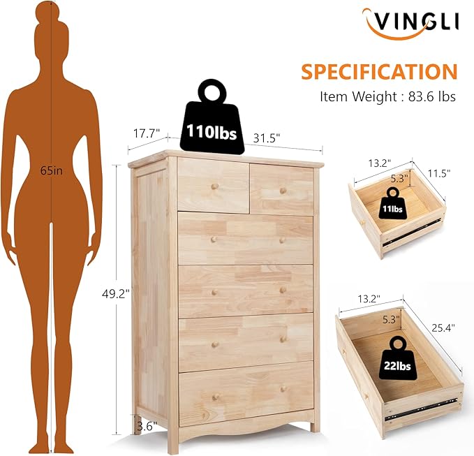 VINGLI Unfinished Natural Solid Wood 6 Drawer Dresser