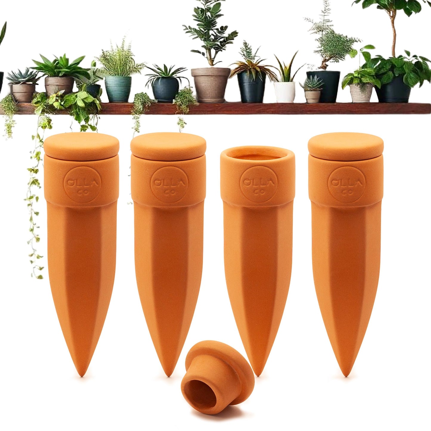 The Olla Company Plant Watering Spikes with Lids - Ideal for 4”-6” Pots - Vacation Friendly - Terracotta - Small - Set of 4
