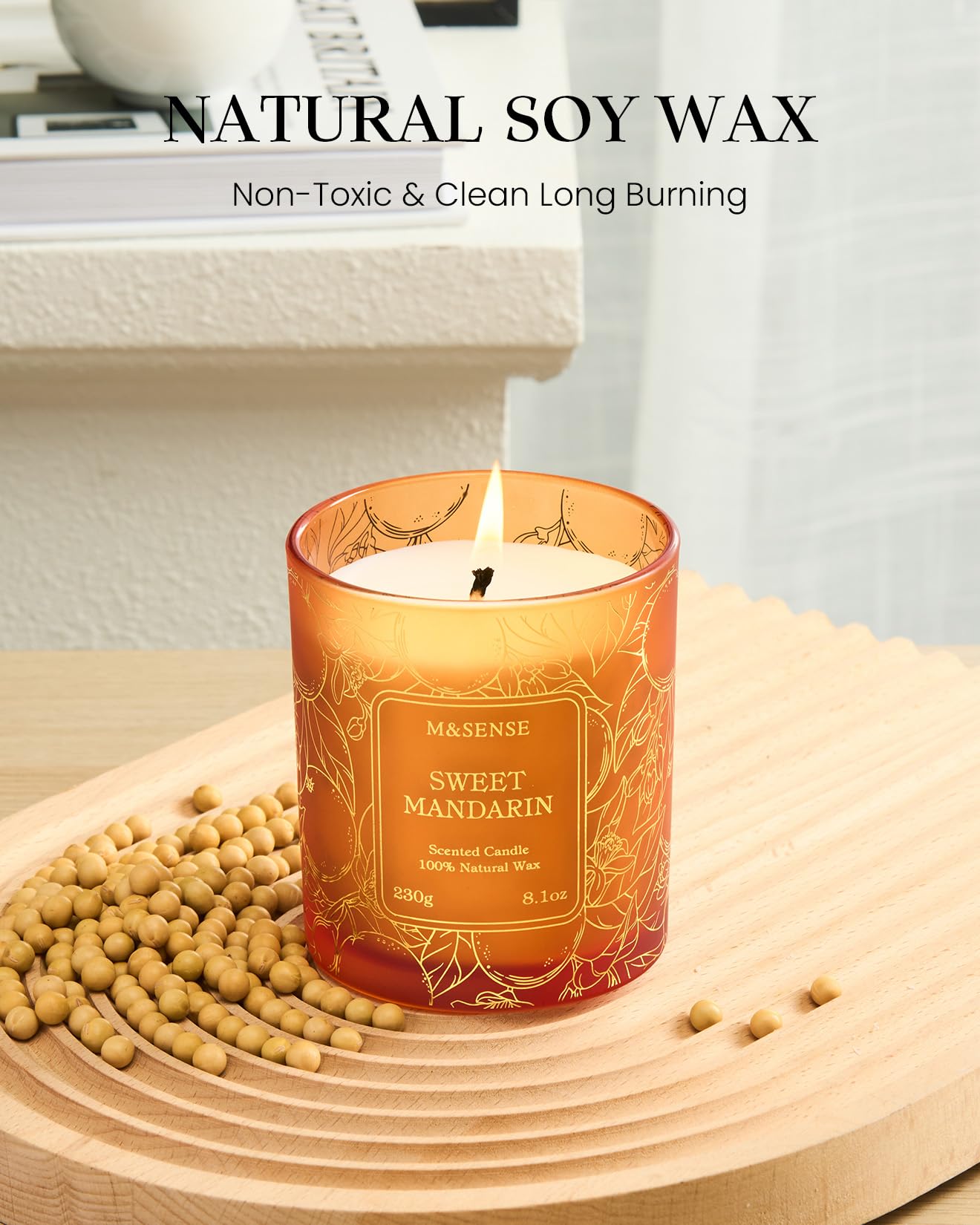 M&SENSE Sweet Mandarin Soy Candle, No Toxin Refreshing Fragrance, 8.1oz 42-Hour Long Burning, Bright Refreshing Citrus, Summer Housewarming Gift