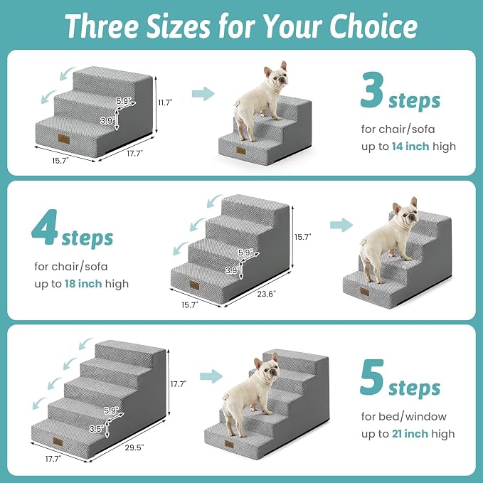 COZY KISS Dog Stairs for Small Dogs 11.7" H, 3-Step Gentle Incline Pet Step for Couch Chiars, Right-Angle Dog Ramp for Puppy Doggie Senior Cats, 15.7x17.7x11.7 Inch, Grey