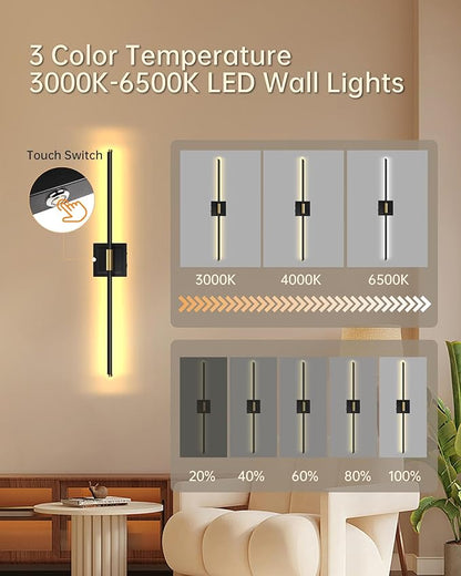 Battery Operated Wall Sconces with Remote Control, Dimmable Wall Sconces Set of Two, 3000K-6500K LED Wireless Picture Lights for Wall, Bedroom, Hallway, Living Room, 350°Rotate, 24.4 Inch(2 Pack)
