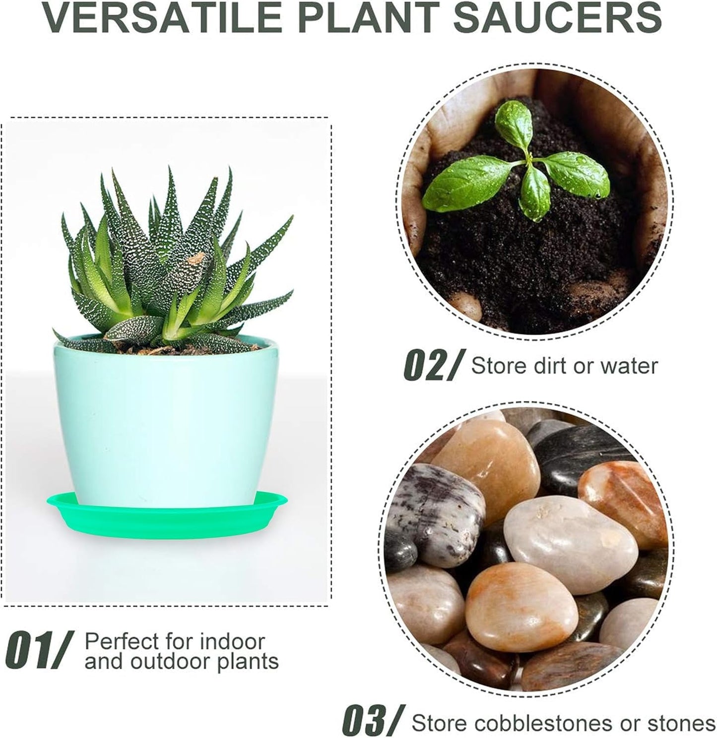 ECOESPTI 3Pcs Plant Saucer Tray, Heavy Duty Plastic Plant Drip Trays for Indoors and Outdoors, 6 8 10 12 14 16 inch Sizes, Flower Plant Water Tray Base (Dark Gray 12")