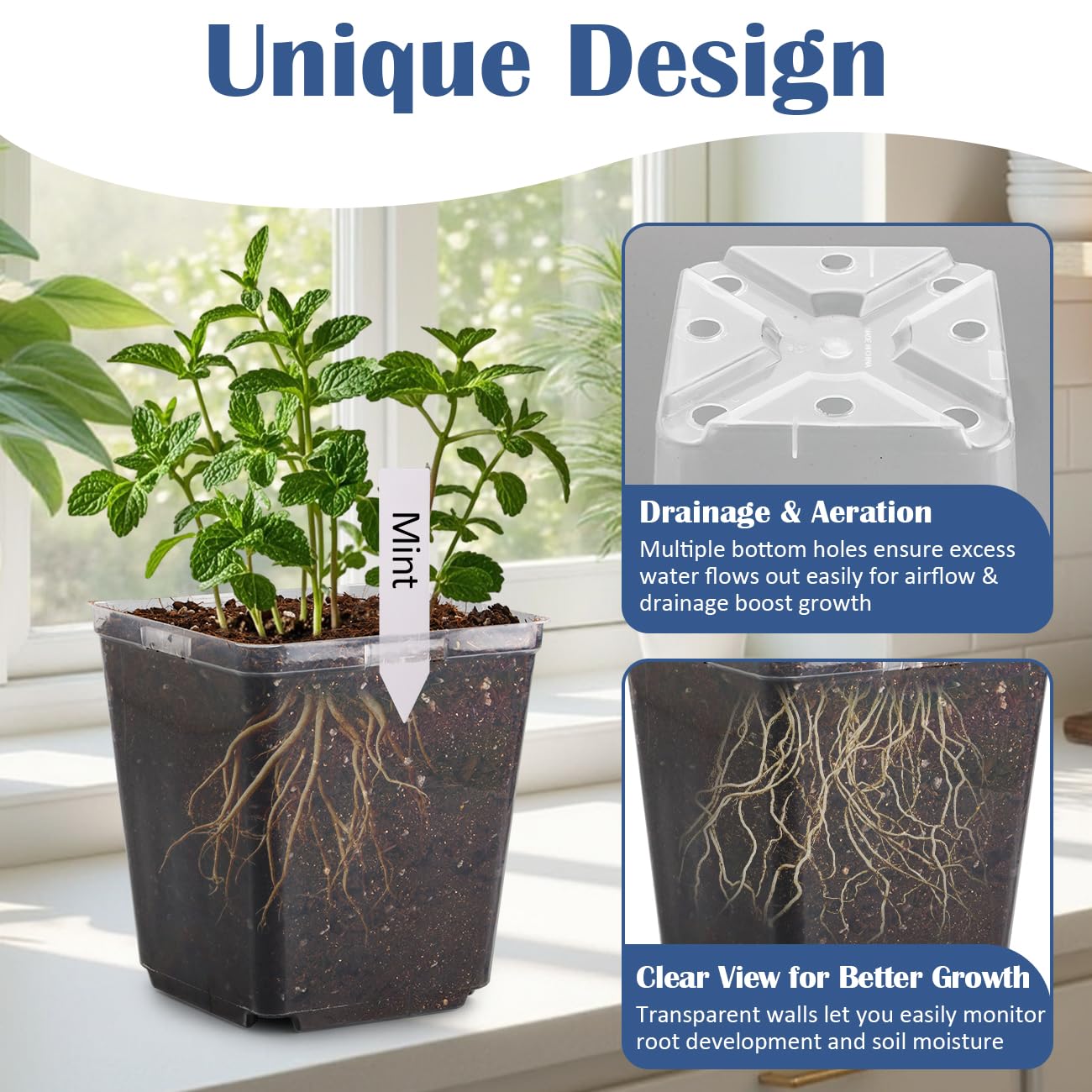 RooTrimmer 5.5 Inch Clear Square Nursery Pots with Drainage & Labels, 30Pcs Reusable Seed Starter Pots for Vegetables, Indoor Outdoor Gardening, Thick Transparent Plastic Plant Pots for Seed Starting