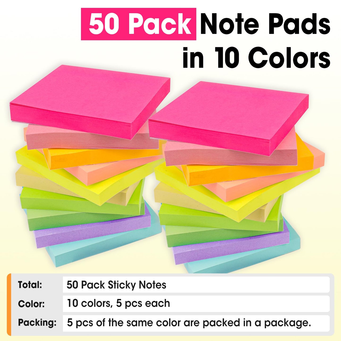 50 Pads Sticky Notes 3x3, Self-Stick Pads Bulk Bright Colors, School Supplies, Office Products, 50 Sheet/Pad