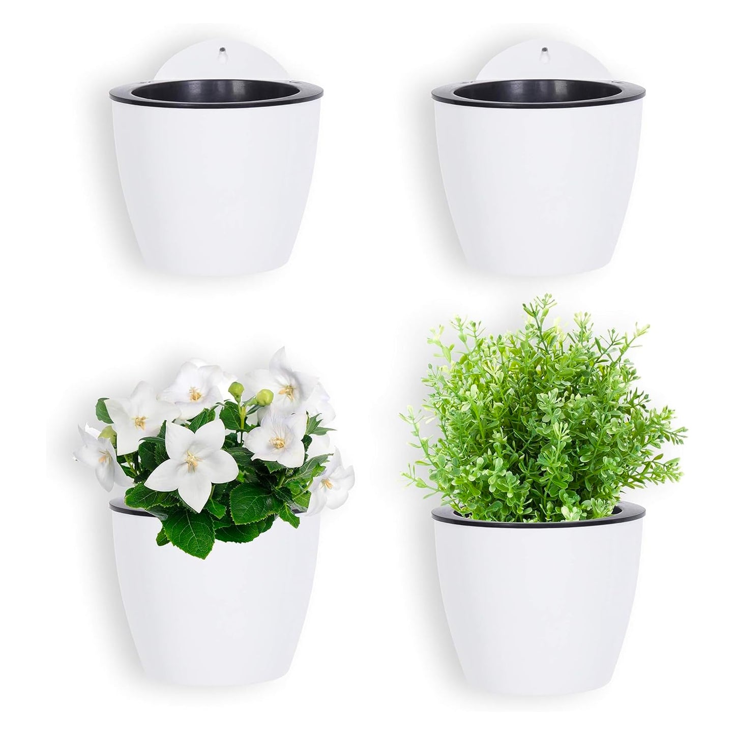 MyGift 7.5 Inch Wall Planters for Indoor Plants, White Plastic Hanging Self Watering Plant Pots, Flower Cactus Herbs Plant Container Wall Planter Set of 4