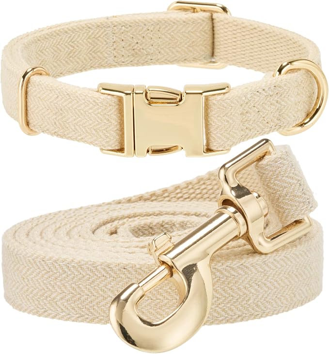 Luxury Soft Cotton Tweed Fabric Dog Collar & Leash Set with Gold Buckle – Durable Fabric, Stylish Design for Everyday Walks(Small Cream)