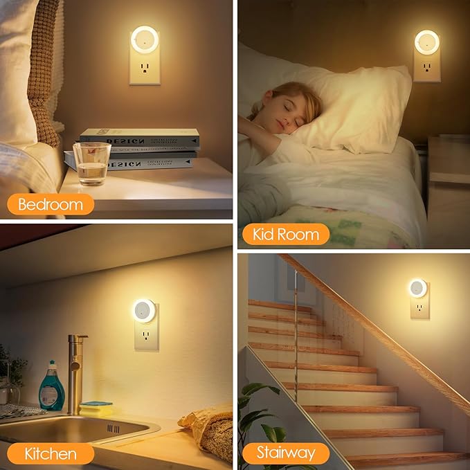 FOLKSMATE LED Night Lights Plug in, 2-Pack Dimmable Nightlight Plug Into Wall with Light Sensor, Soft White Adjustable for Adults, Bedroom, Bathroom, Livingroom