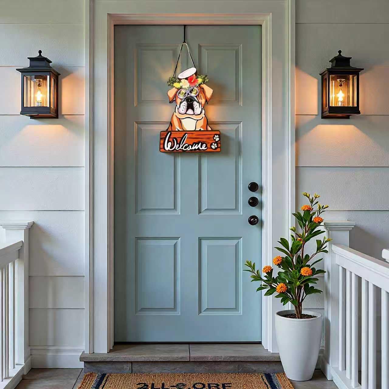 FelyHos Interchangeable Bulldog Welcome Sign, Wooden Seasonal Door Hanger with 12 Interchangeable Decorations, Cute Dog Welcome Plaque for Front Door Porch Wall, Holiday Home Decor Gift