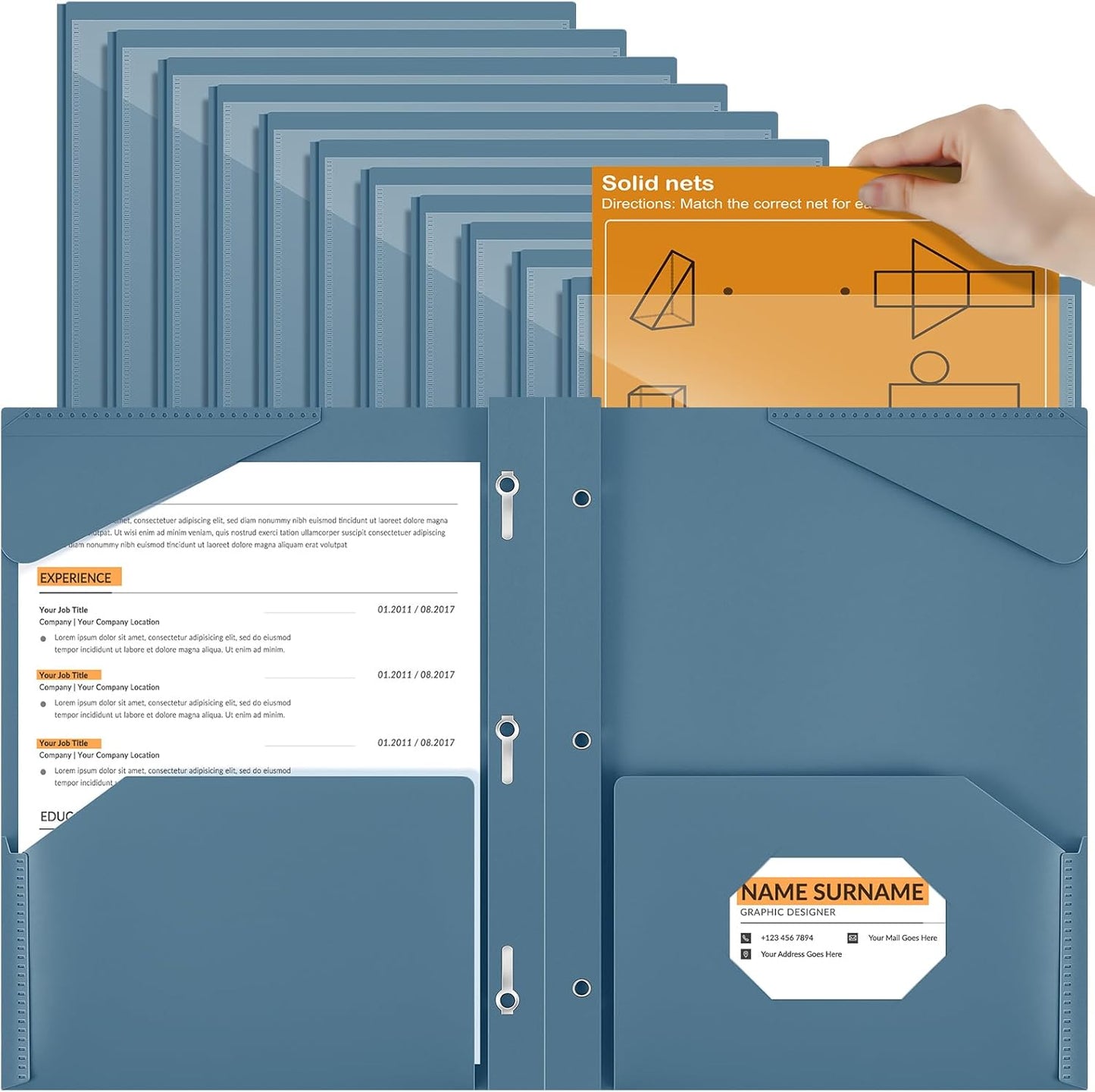 Henoyso 18 Pcs Plastic Folder with Clear Front Pocket and 3 Prong Plastic Folders with Card Slot Pocket Folders with Prongs for School Office (Navy Blue)