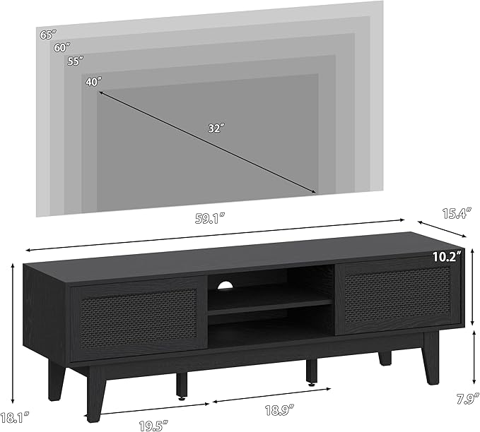Xixini Boho TV Stand for 55 65 Inch TV, Rattan Entertainment Center