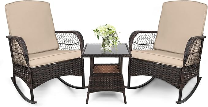 LEVELEVE 3 pcs Rocking Bistro Set Conversation Chairs PE Wicker Outdoor Rocking