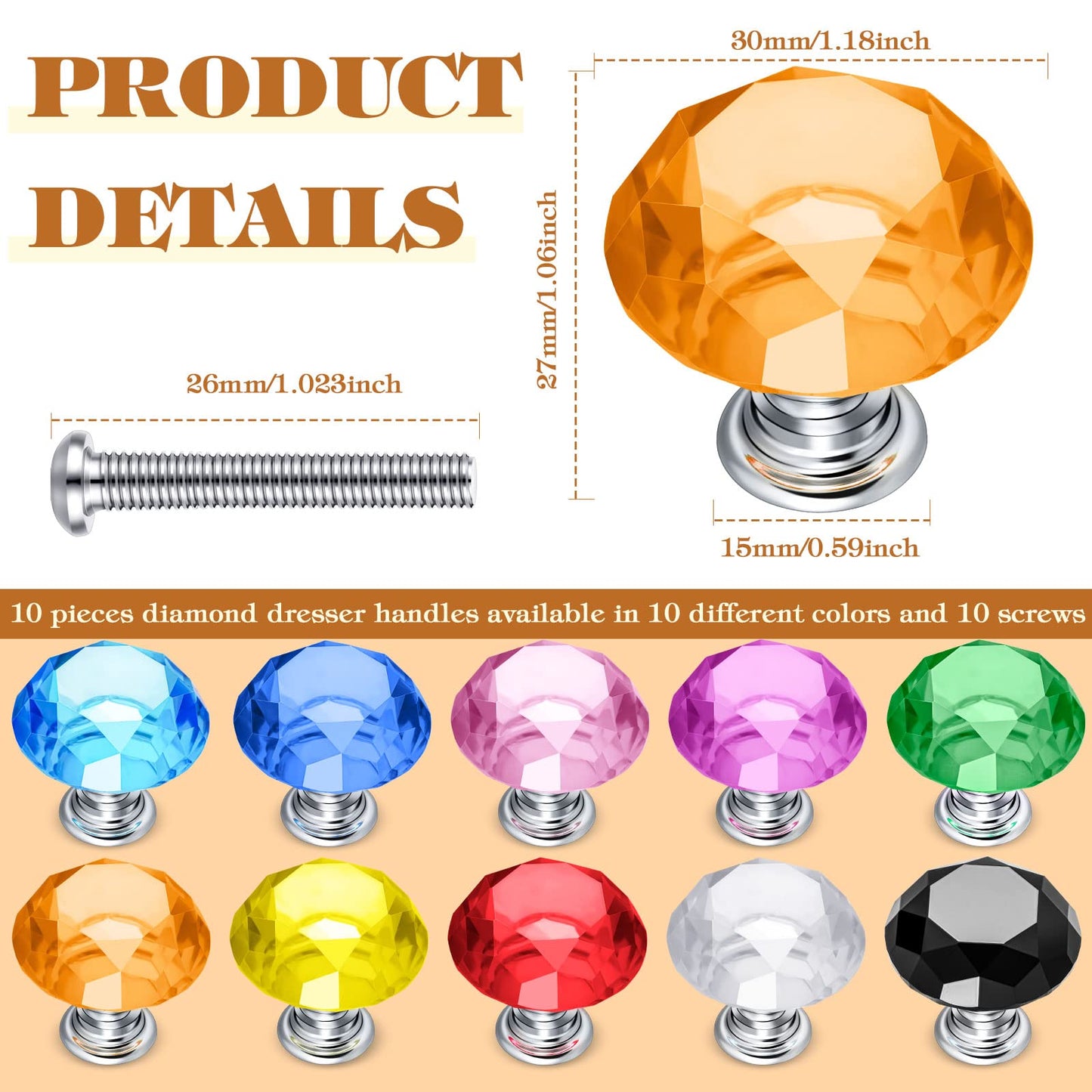 Youyole 10 Pcs Colorful Drawer Crystal Knobs 30mm Glass Pull for Cabinets and Drawers Knobs for Dresser Drawers and Kitchen(Classic Style)