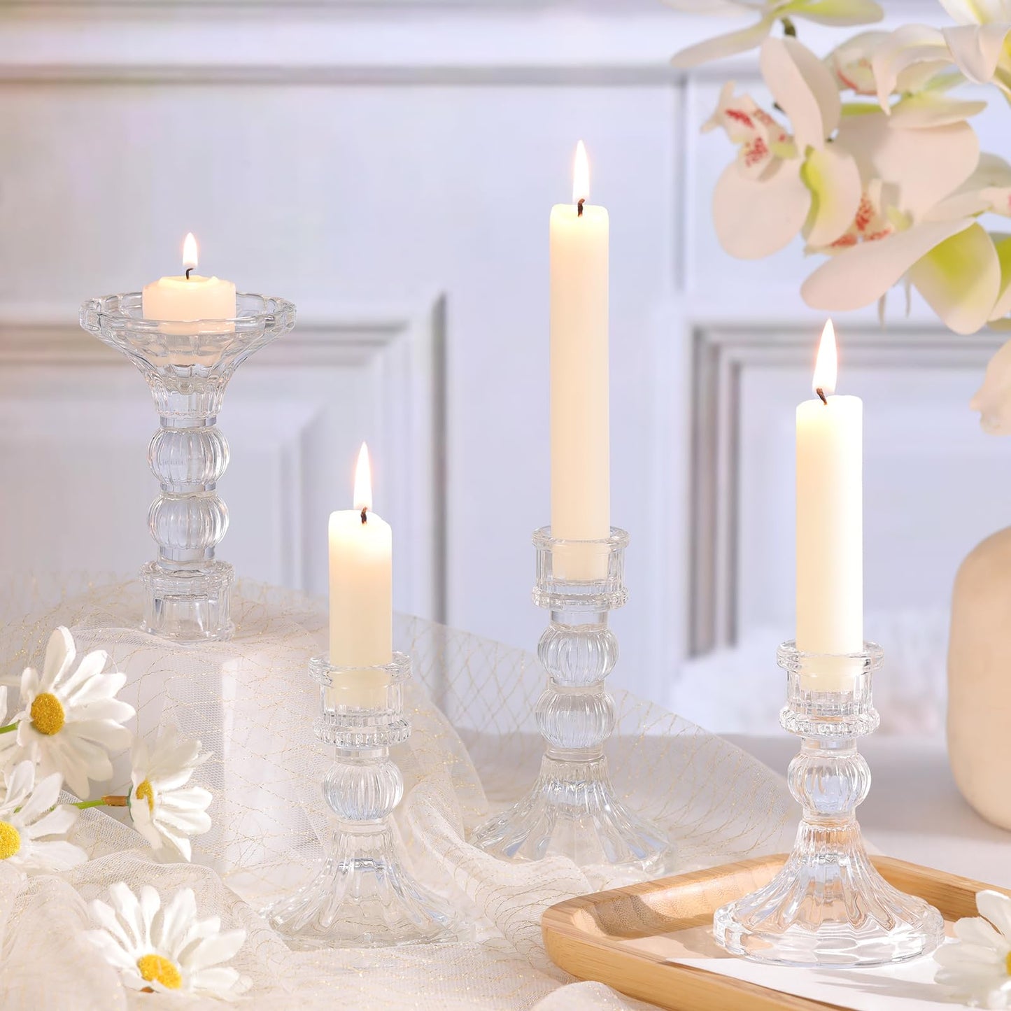 DARJEN 6Pcs Clear Candlestick Holders Set - 4" H & 5" H Striped Taper Candle Holders Bulk, Glass Candle Holders for Wedding, Festival, Party, Table Centerpiece, Gifts