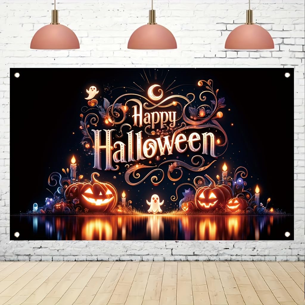 Tomhong Halloween Pumpkin Ghost Light 71x43 Inch Large Party BannerSpooky Jack O Lantern Haunted House Wall Hanging for Trick or Treat Night Indoor OutdoorHoliday Decoration
