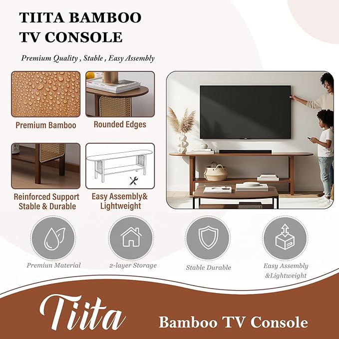 Tiita TV Stand with Storage for TVs up to 65'', Bamboo TV Console Entertainment
