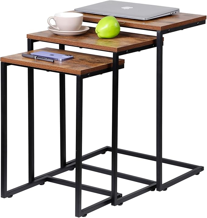 SUPER DEAL Nesting Tables Set of 3, Industrial C Shaped End Table Stackable