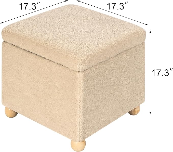 Adeco 17.3" Modern Oatmeal Teddy Velvet Storage Ottoman, Upholstered Cube Foot