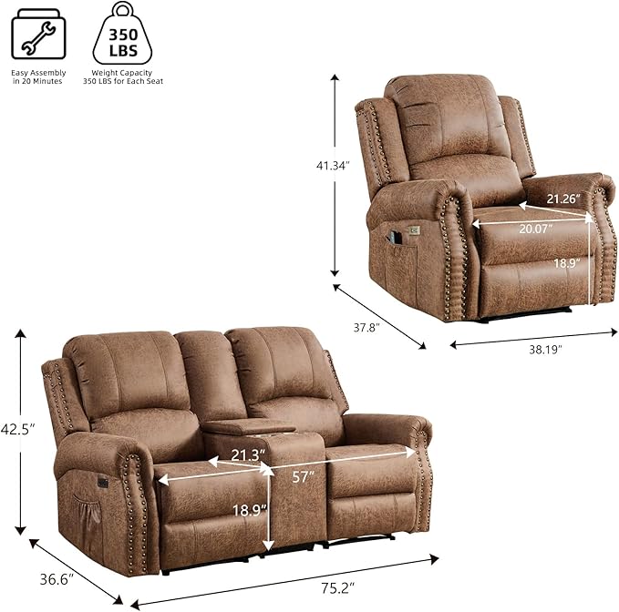 EBELLO 2-Piece Manual Recliner Sofa Set, Faux Leather Message Single Recliner