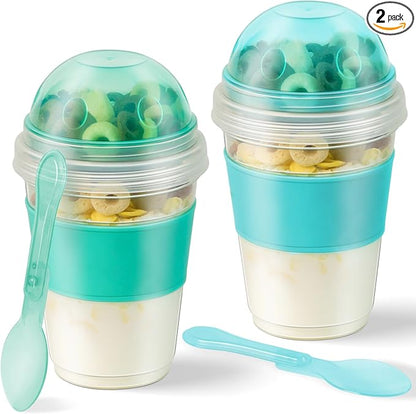 Freshmage Yogurt Parfait Cups with Lids, 2 Pack 20 oz Reusable Overnight Oats Containers with Lids, Topping Compartment & Spoon to Go for Breakfast Meal Prep, Portable & Lightweight (Blue&Green)