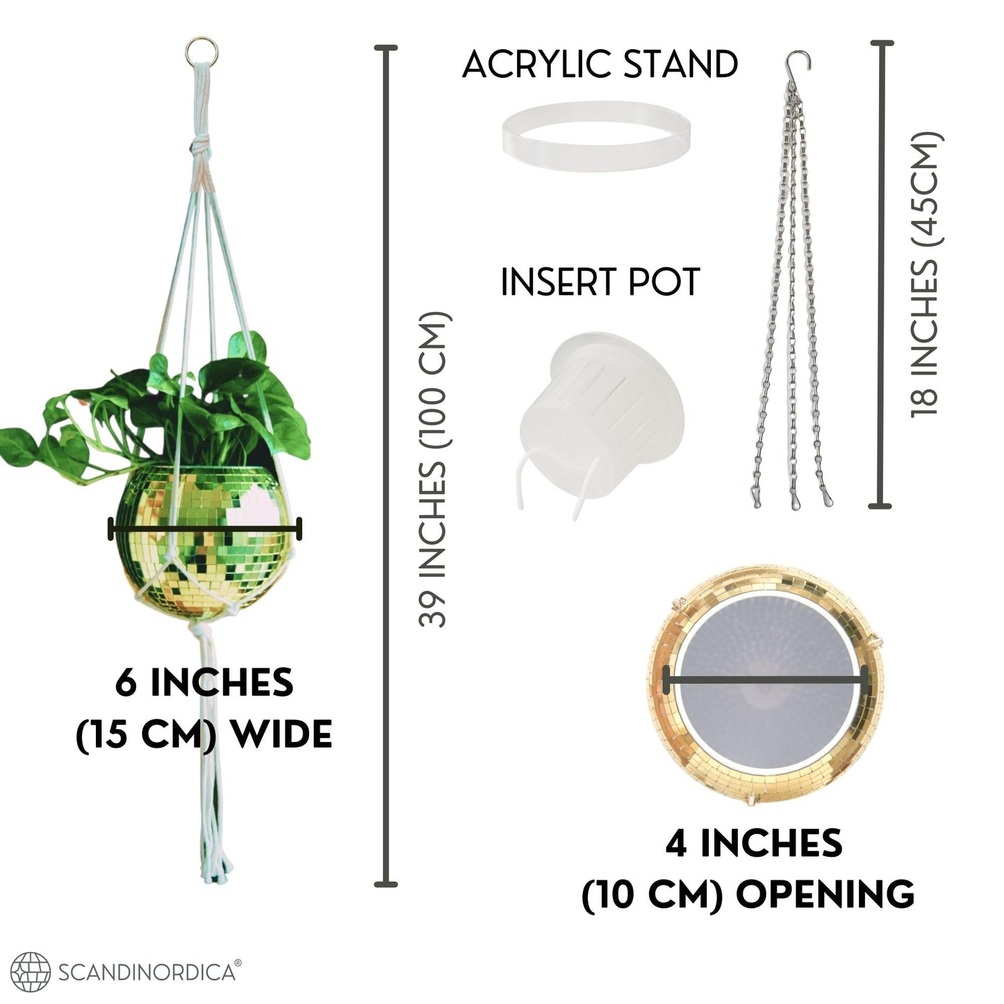 SCANDINORDICA Disco Ball Planter – Value Package: Mirror Disco Planter with Chain, Macrame Hanger and Acrylic Stand for Desk, Includes Self Watering Insert, Retro Decor | 6 inch Gold