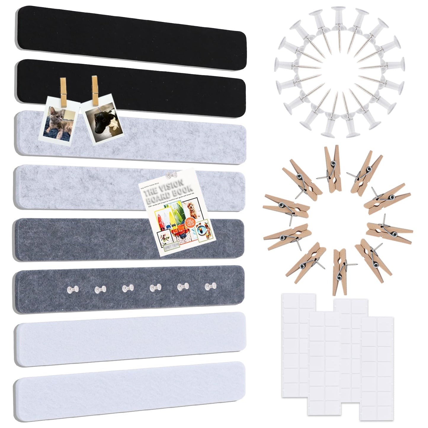 Vuzvuv 8 pcs Bulletin Board Bar Strips No Adhesive Backing with Glue Points ，Self Adhesive Cork Board for Wall，Felt Pin Board for School，Office Decor(Black White Grey)