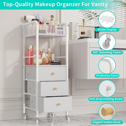 HapiRm Rolling Makeup Cart Organizer - Floor Skincare Make Up Storage with 3 Non-woven Fabric Drawers, Vanity Organizer Cosmetic Display Cases Holder for Skin Care Perfume Nail Polish Brush Hair Tool