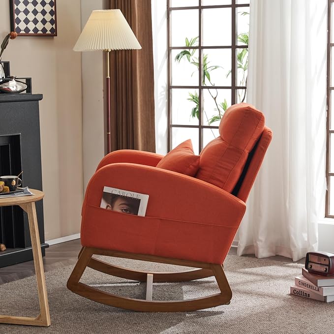 VINGLI Orange Linen Rocking Chair Nursery