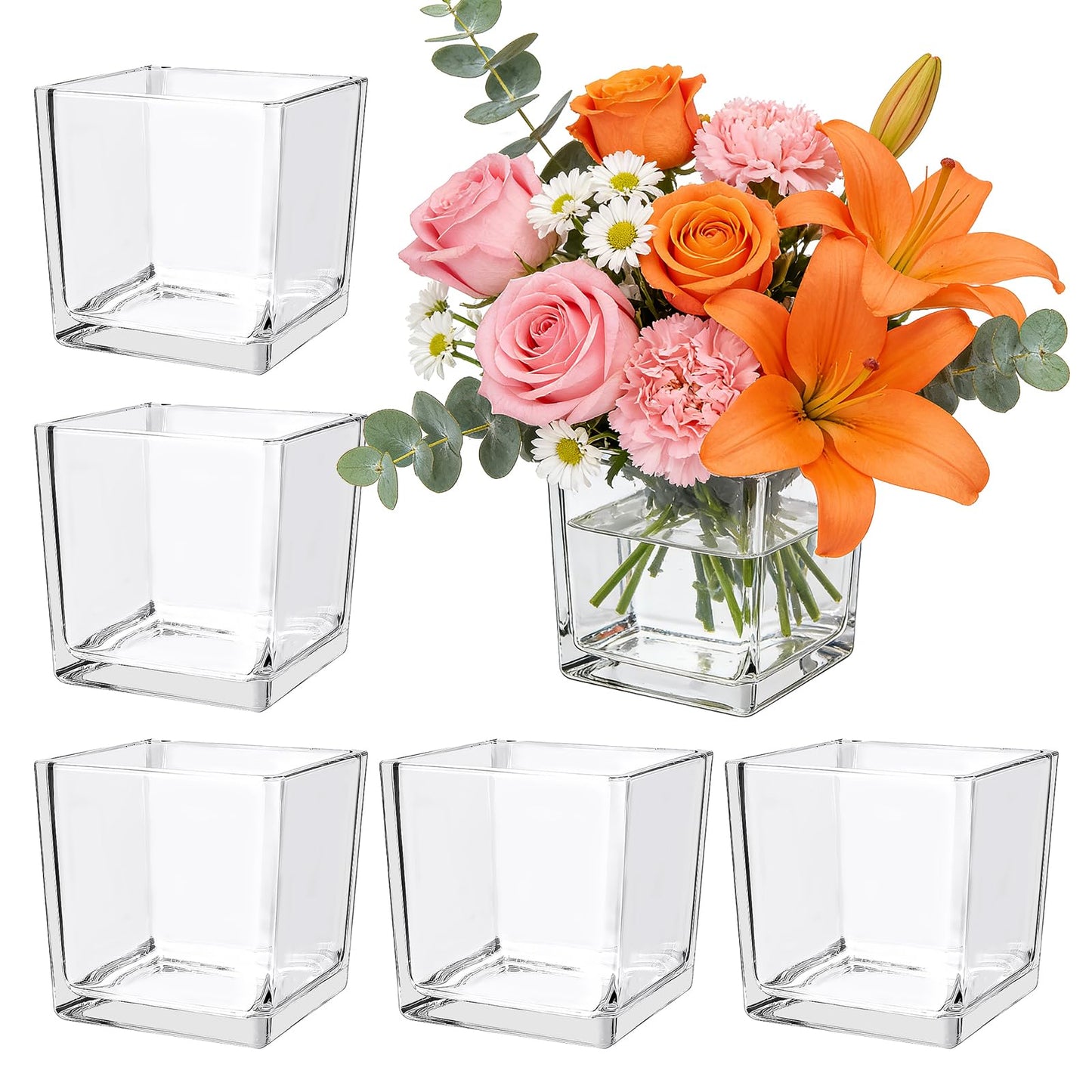 6 Pack Square Glass Vase 4" x 4" x 4", Clear Cube Vases for Centerpieces, Thickened Glass Flower Vases, Plant Terrarium, Floating Candle Holder for Wedding Party, Office/Home Decor, Events