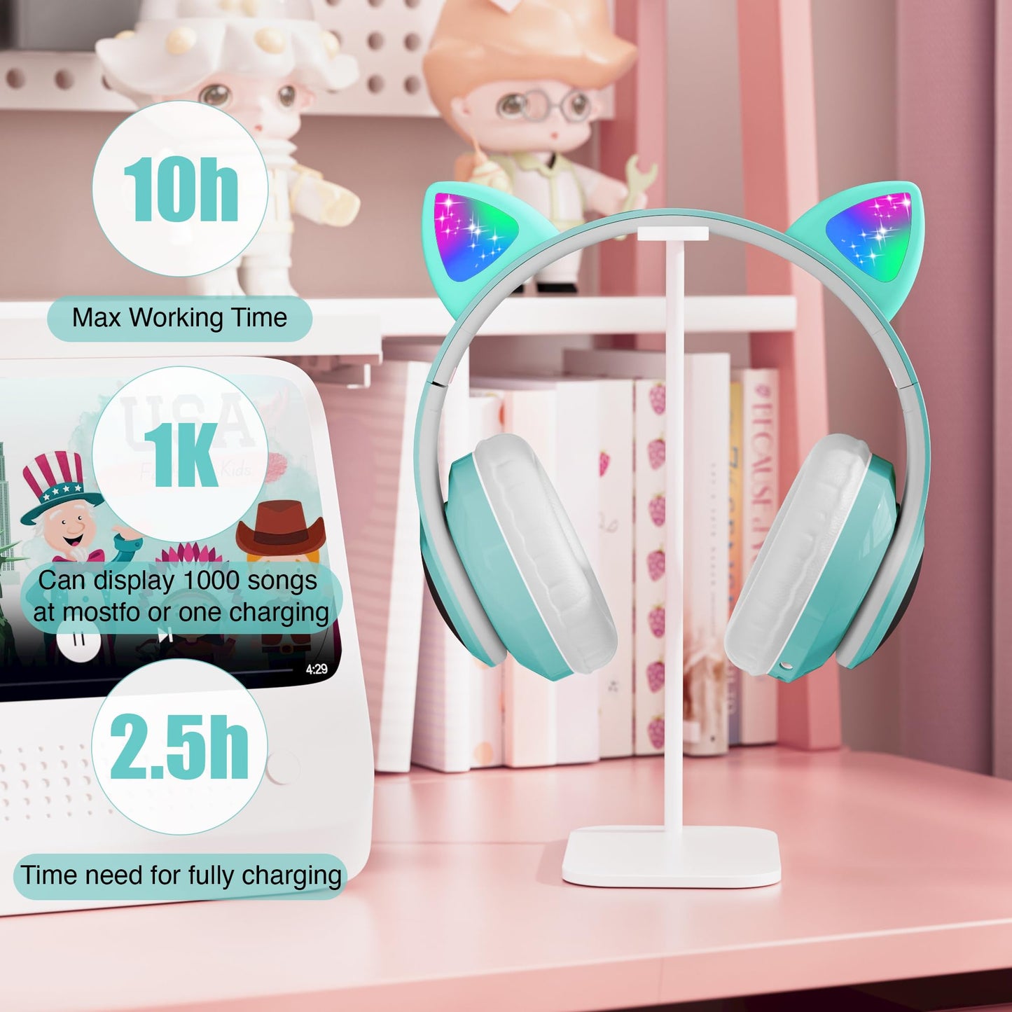 KERHAND Bluetooth Headphones for Kids, Cute Ear Cat Ear LED Light Up Foldable Headphones Stereo Over Ear with Microphone/TF Card Wireless Headphone for iPhone/iPad/Smartphone/Laptop/PC/TV (Green)