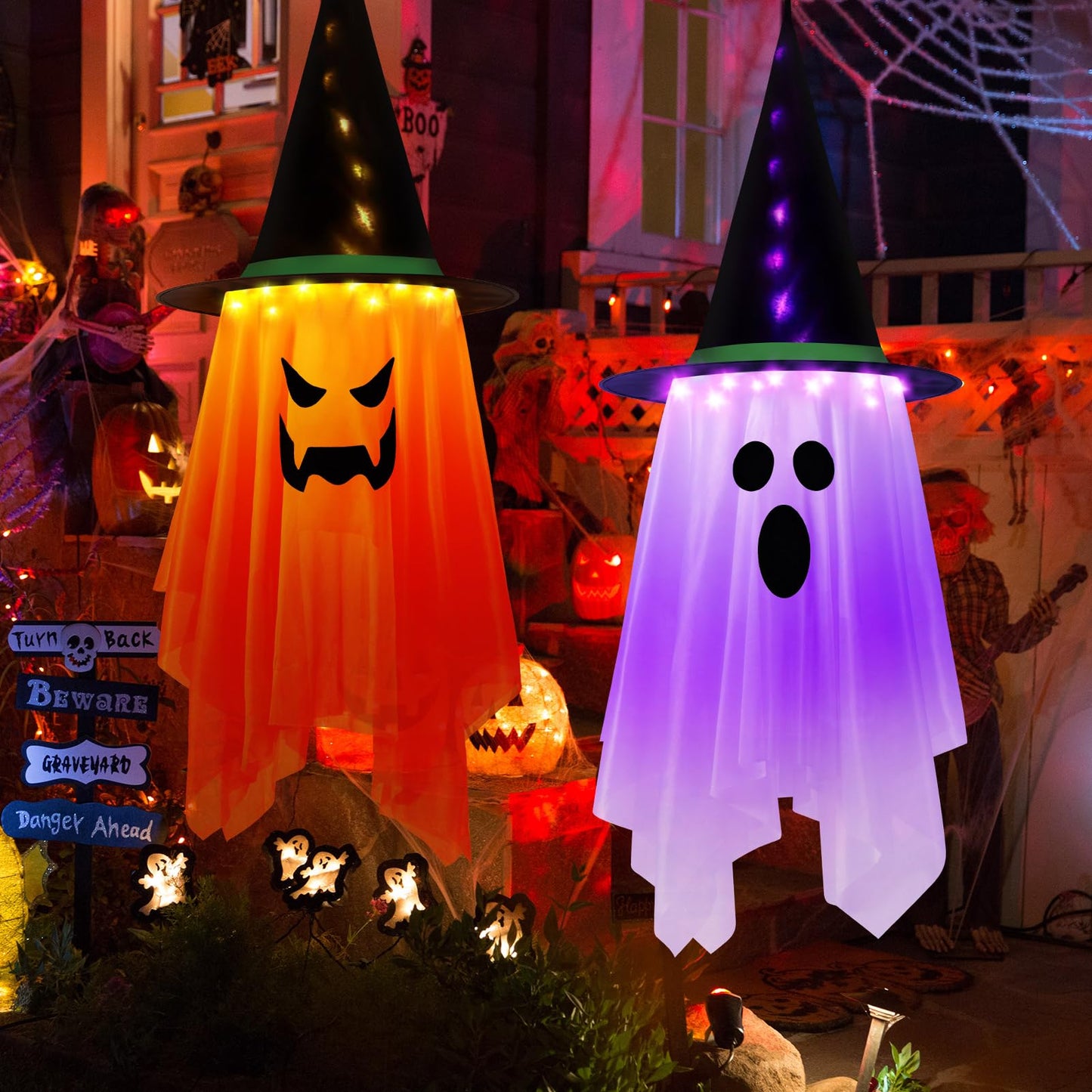 2PCS Halloween Decorations, 41" x 14" Large Size Hanging Lighted Glowing Ghost Witch Hat Lights Ornaments with Remote Control