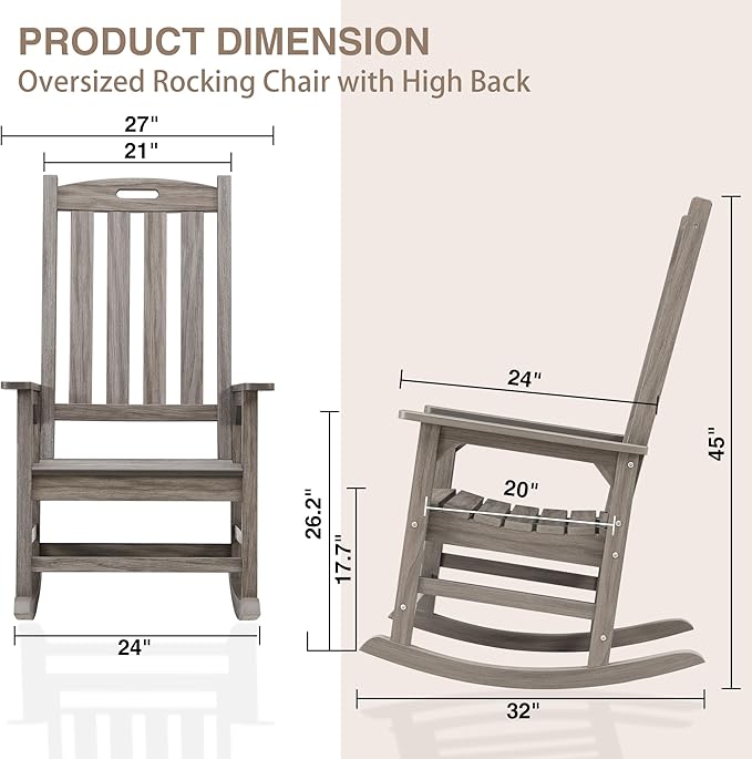 Psilvam Outdoor Rocking Chair, Poly Lumber Oversized Rocking Chair