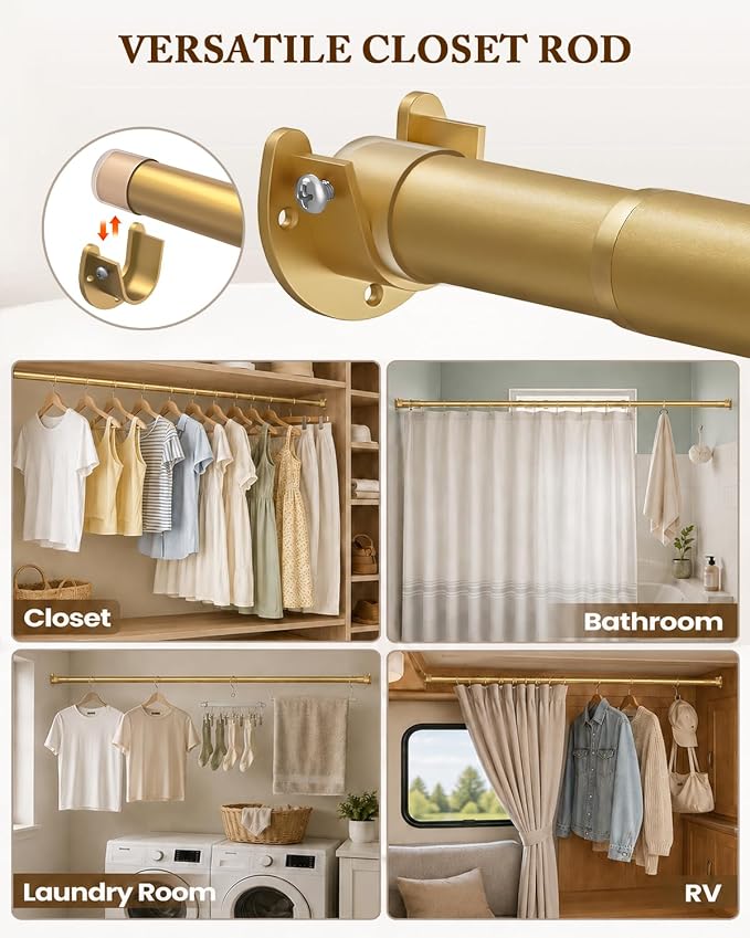 Heavy Duty Closet Rod, 17-54 IN Closet Rods for Hanging Clothes, Gold | Stepless Adjustable, Supports up to 66 lbs, Multiple Size Options, Easy Installation, Multi Purpose , Wall-Mounted